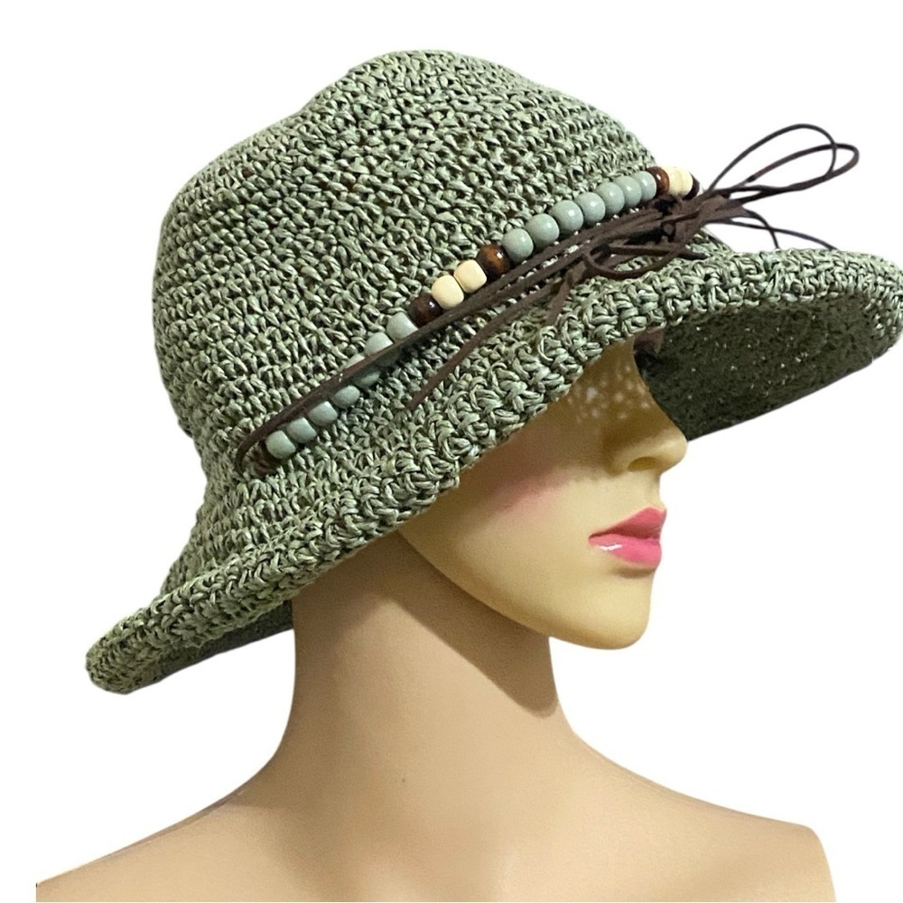 Woven Straw Sun Hat Khaki Gradient Paper Straw Hat Beaded Leather OS NWOT